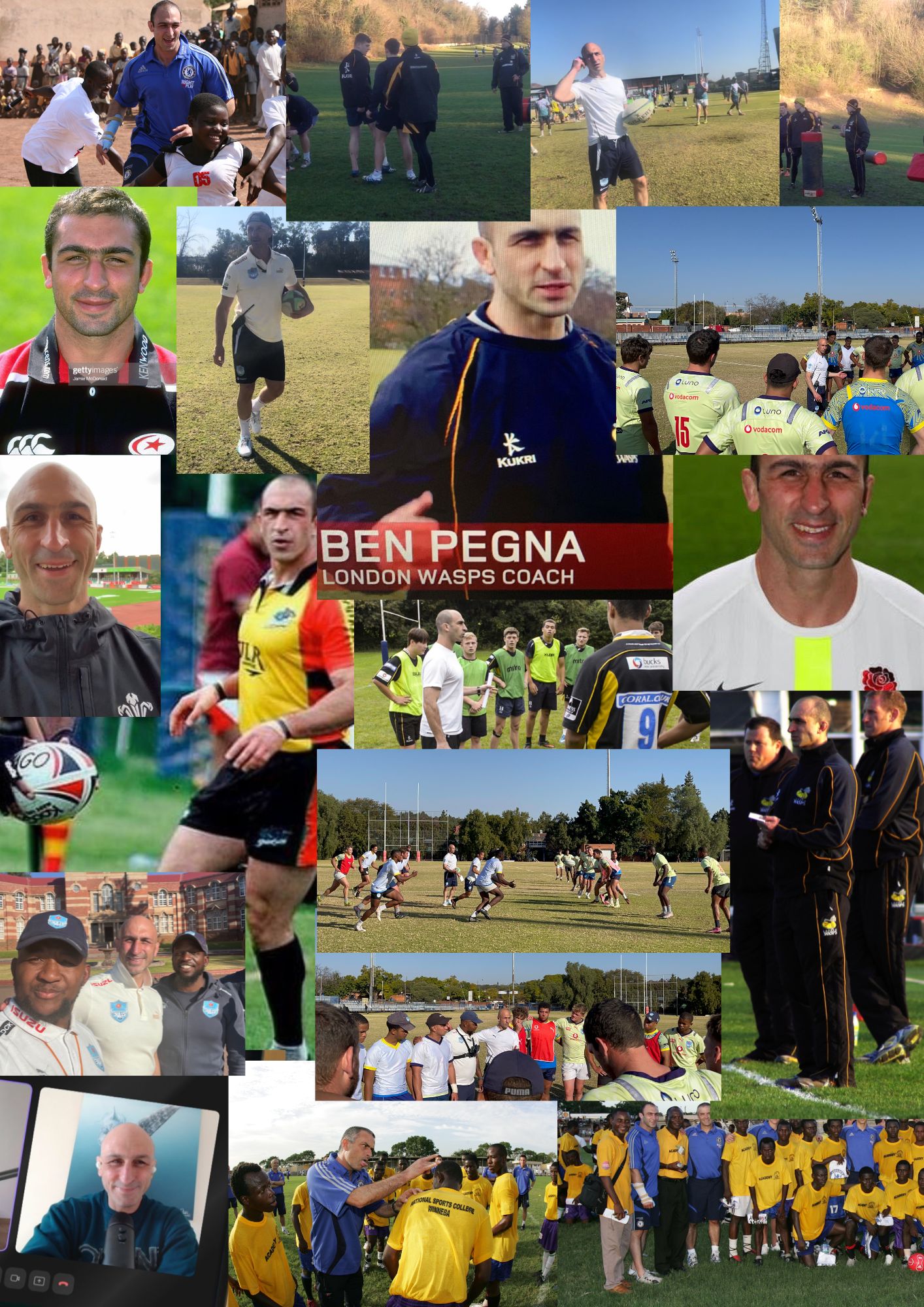 A career montage — Ben coaching across schools, academies, professional environments and broadcast TV across the UK, South Africa and Australia